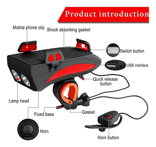 Luz Frontal 4 En 1 Bicicleta Mtb Bocina Power Bank Linterna
